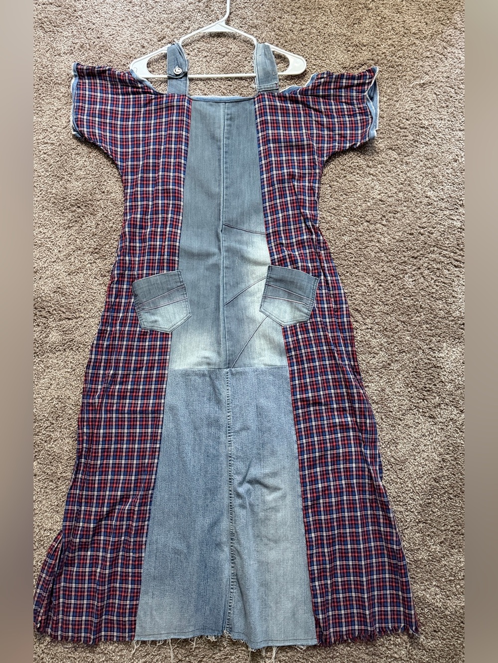Denim and Red Plaid Overall Dress